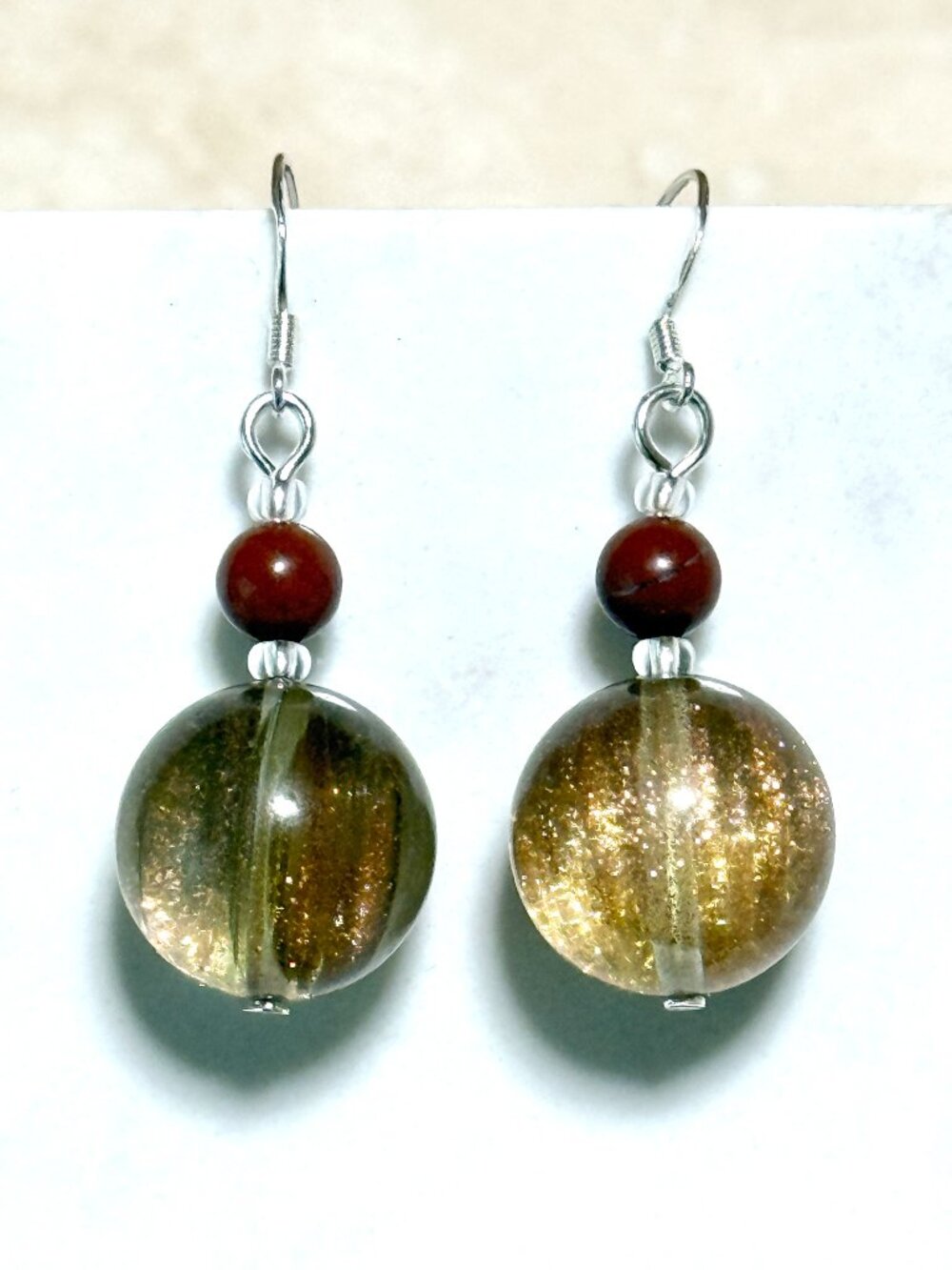 2/20$, Large Golden Shimmer Glass & Red Jasper Earrings w/ 925 Silver Hooks